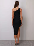 2025 Sexy Women Hollow Bandage Dress with Diagonal Collar Single Shoulder Sleeveless Bodycon Split Midi Dress Club Party Vestido