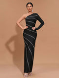 2025 Elegant Women's Hot Diamond Bandage Dress with Diagonal Collar, One Shoulder, Long Sleeve Bodycon Black Long Dress Vestidos black