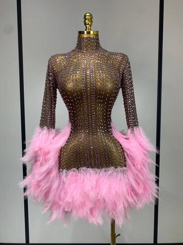 Women Sexy Transparent Stretch Mesh Feathers Stage Performance Costume Singer Nightclub Evening Party Luxury Birthday Dress Pink