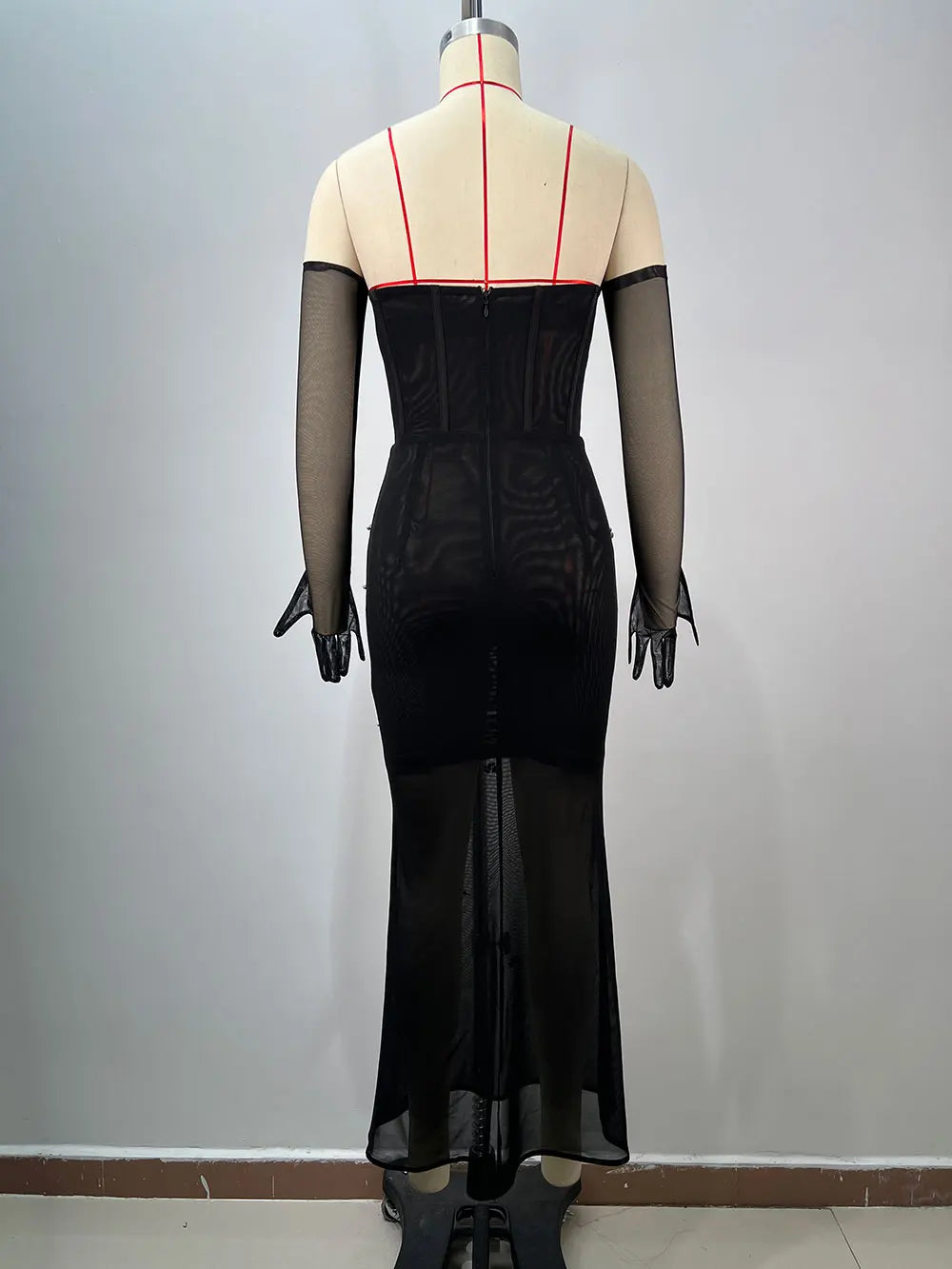 Women'S Light Luxury Nail Bead Chiffon Dress Strapless Sleeveless Glove Design Bodycon Backless Black Long Dresses Vestidos