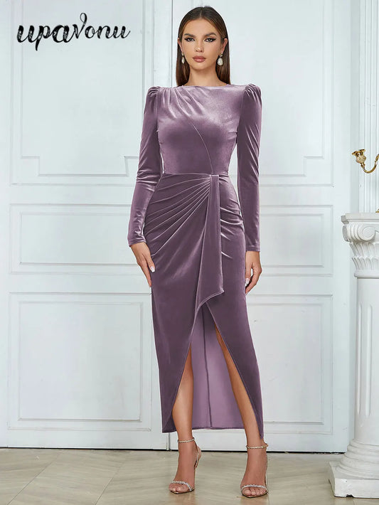 Spring Elegant Women's Velvet Dress O-neck Long Sleeve Bodycon Draped Split Body Long Dress Celebrity Evening Party Vestido