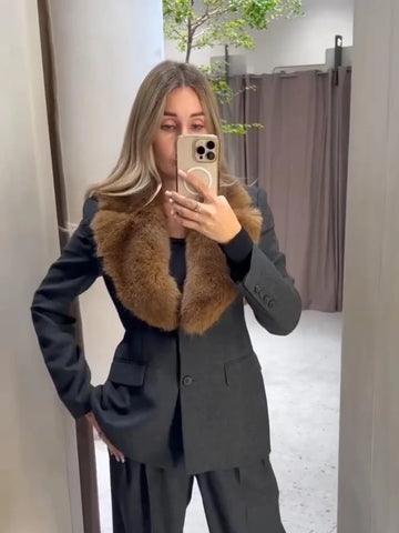 Women's Bomber Coats Faux Fur Collar Slim Suit Jacket Luxury Female Lapel Long Sleeve Button Early Spring Jackets New Outerwears