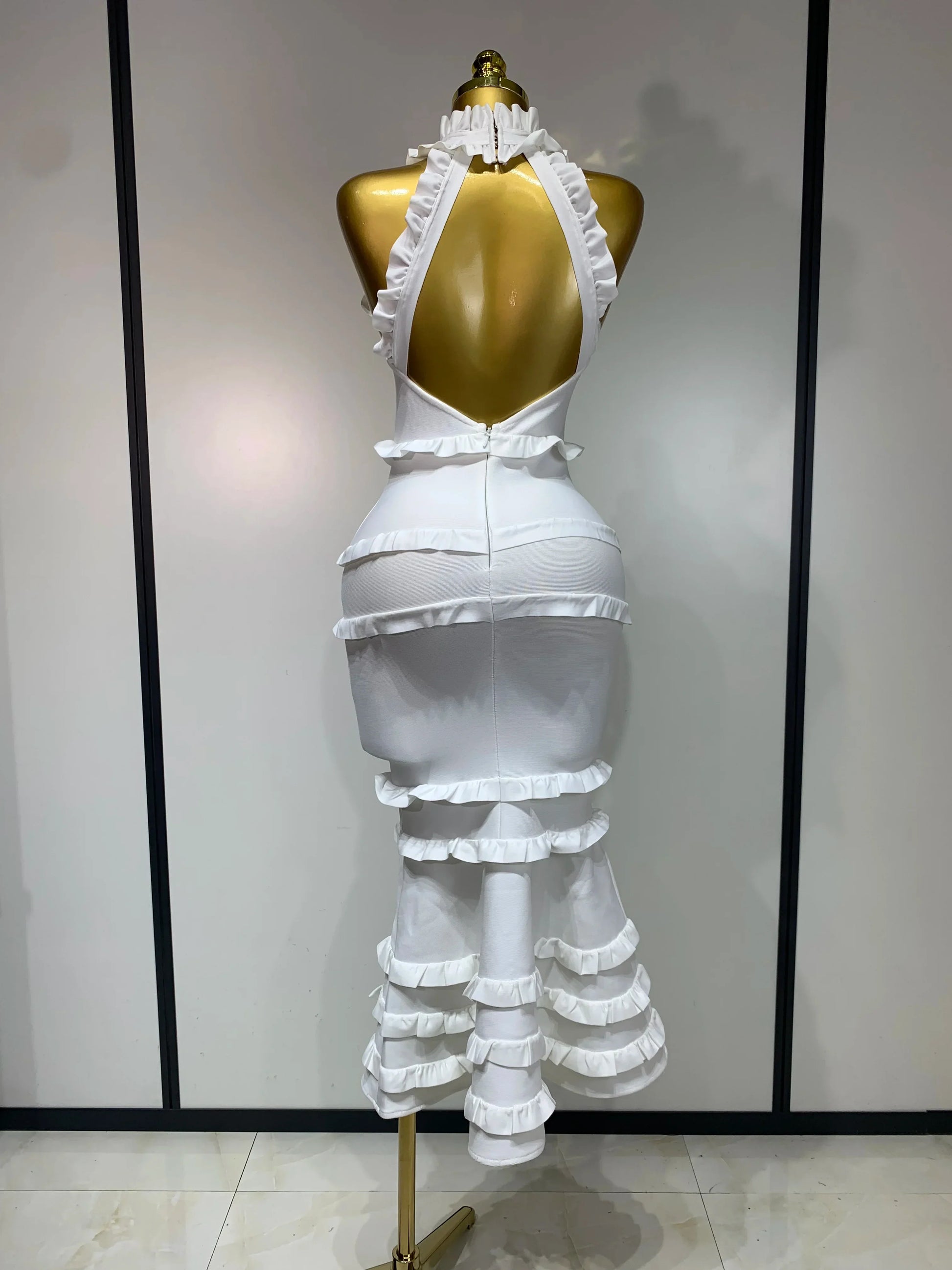 New High quality White Elagant Retro Ruched High Collar Bodycon Bandage Dress Evening Party Fashion Simple Birthday Gown