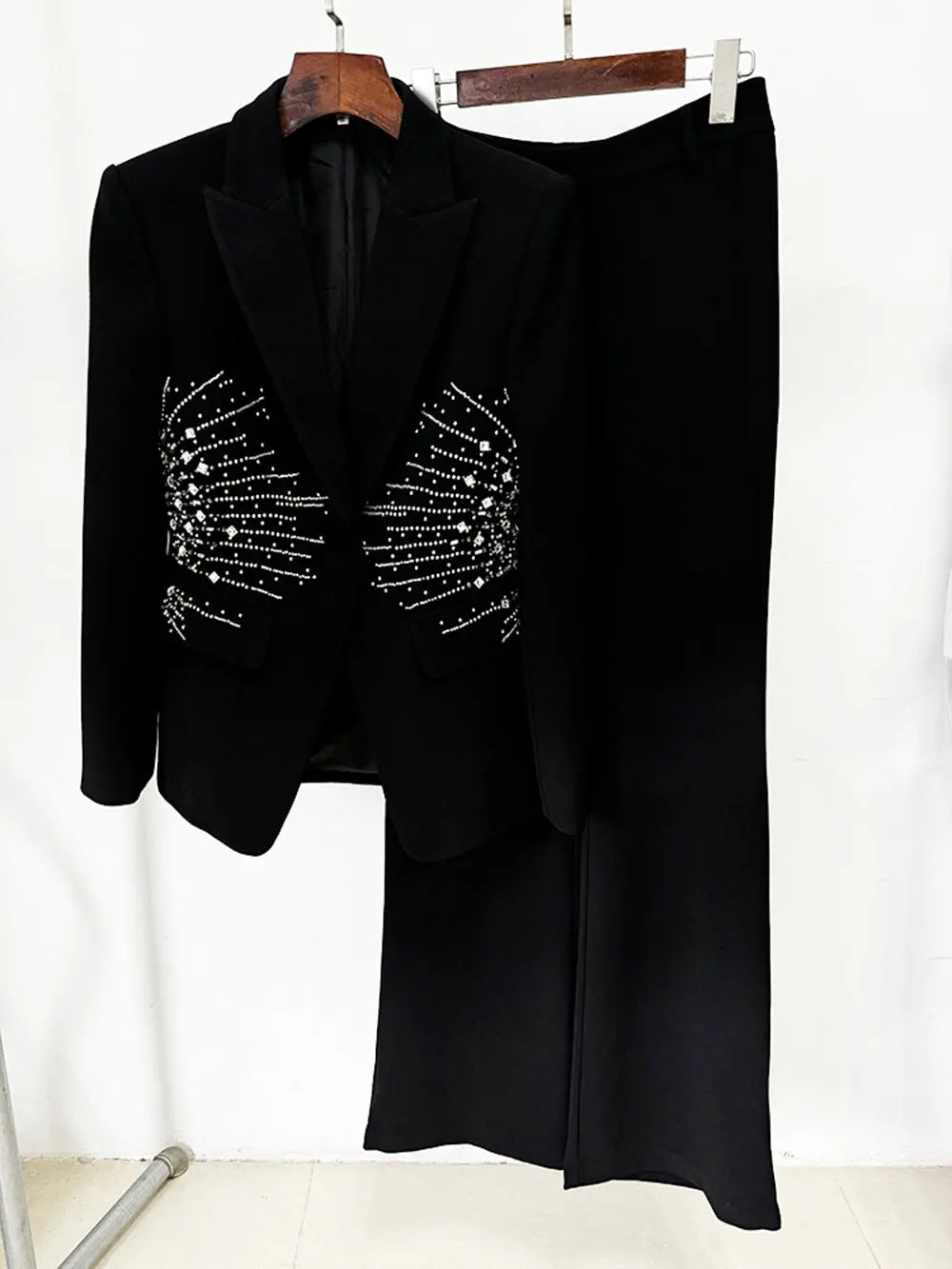 2024 Elegant Women's Light Luxury Diamond Design Suit Pants Set with Collar Long Sleeve Slim Fit Suit Coat+Two Piece Pants Set black