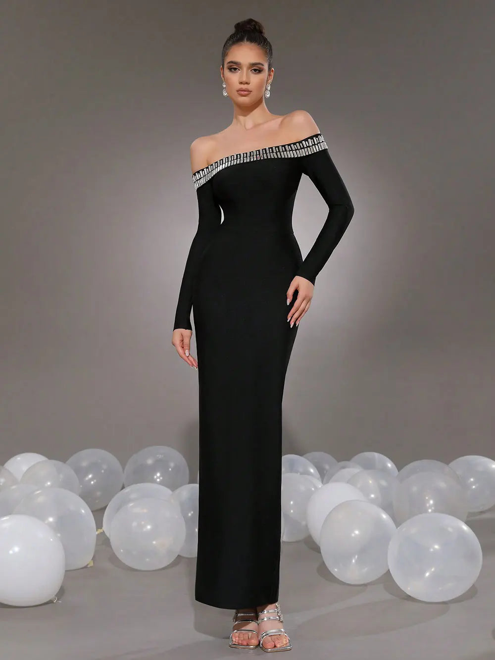 2025 Elegant Women's Light Luxury Nail Bead Bandage Dress with One Piece Collar Shoulder Long Sleeve Bodycon Bareback Long Dress