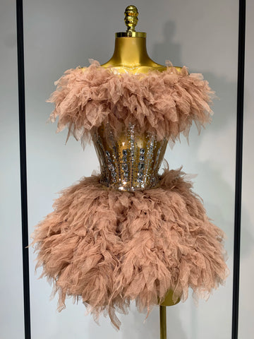 Women Sexy Strapless Mesh Two Pieces Set Celebrity Nightlcub Party Photo Shoot Outfit Prom Gown Luxury Birthday Dresses Light Brown