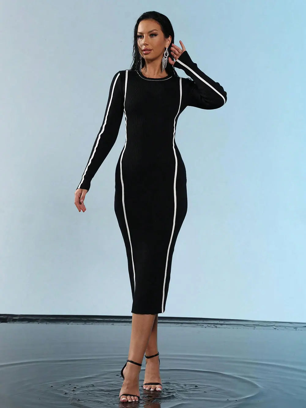2024 Elegant Women's Hooded Knitted Dress O-neck Long Sleeve Bodycon Midi Sweater Dress Cocktail Evening Club Party Vestidos