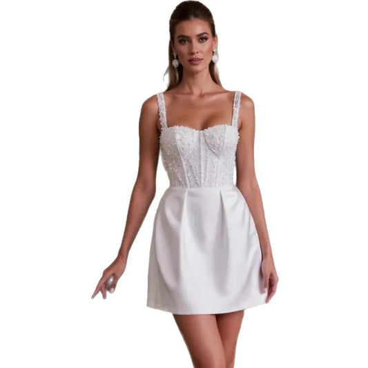 New Mini Wedding Dresses Sweetheart Straps Beads Sequins Backless Satin Bride Dress Above Knee Women Party Garden Beach Gowns
