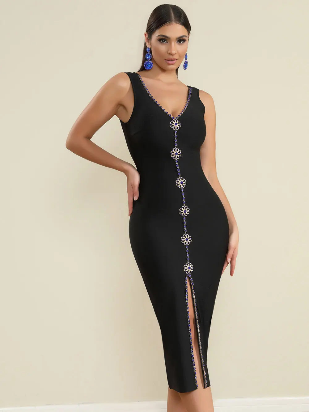 2025 Elegant Women's Water Diamond Button Design Bandage Dresses Camisole Sleeveless Bodycon Split Medium Length Dress Vestidos