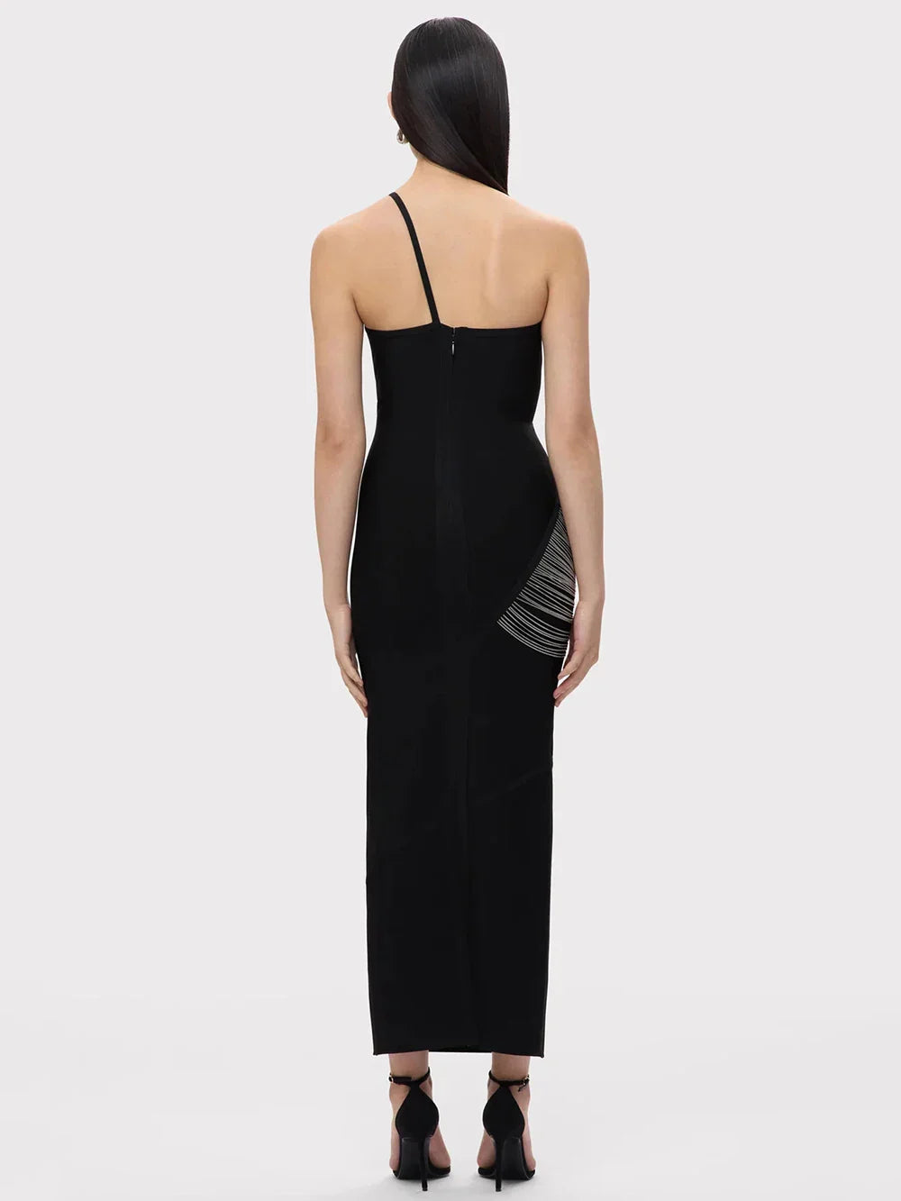 Women Sexy One shoulder Tassels Black Maxi Bodycon Bandage Dress Summer Elegant Cocktail Evening Club Party Gowns