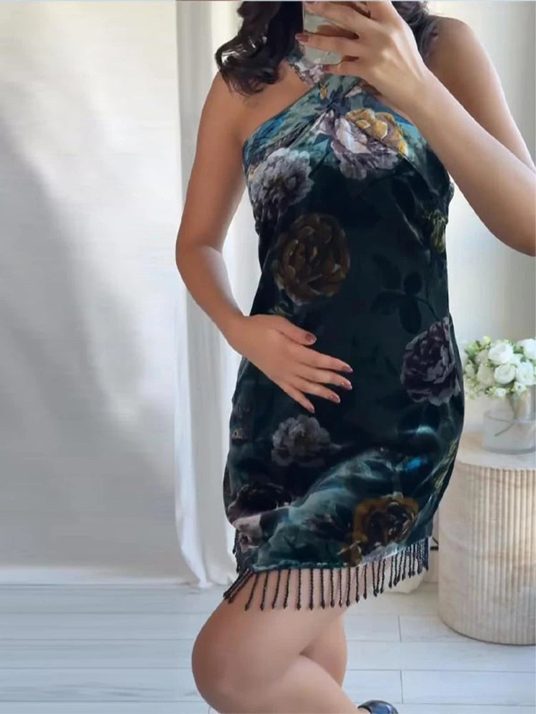 Women's Evening Dresses Tassels Velvet Printed Short Dress Autumn 2025 Female Sleeveless Backless Irregular Partywear Streetwear