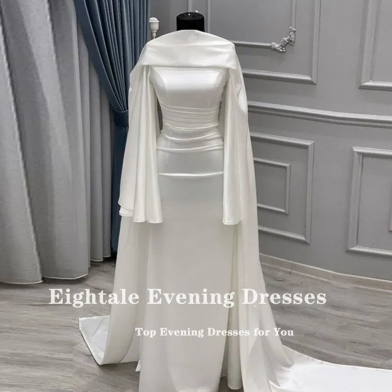 Muslim Wedding Dress O-Neck Satin Customized White Ivory Arabic Bridal Gown Long Sleeves Vestido De Noiva