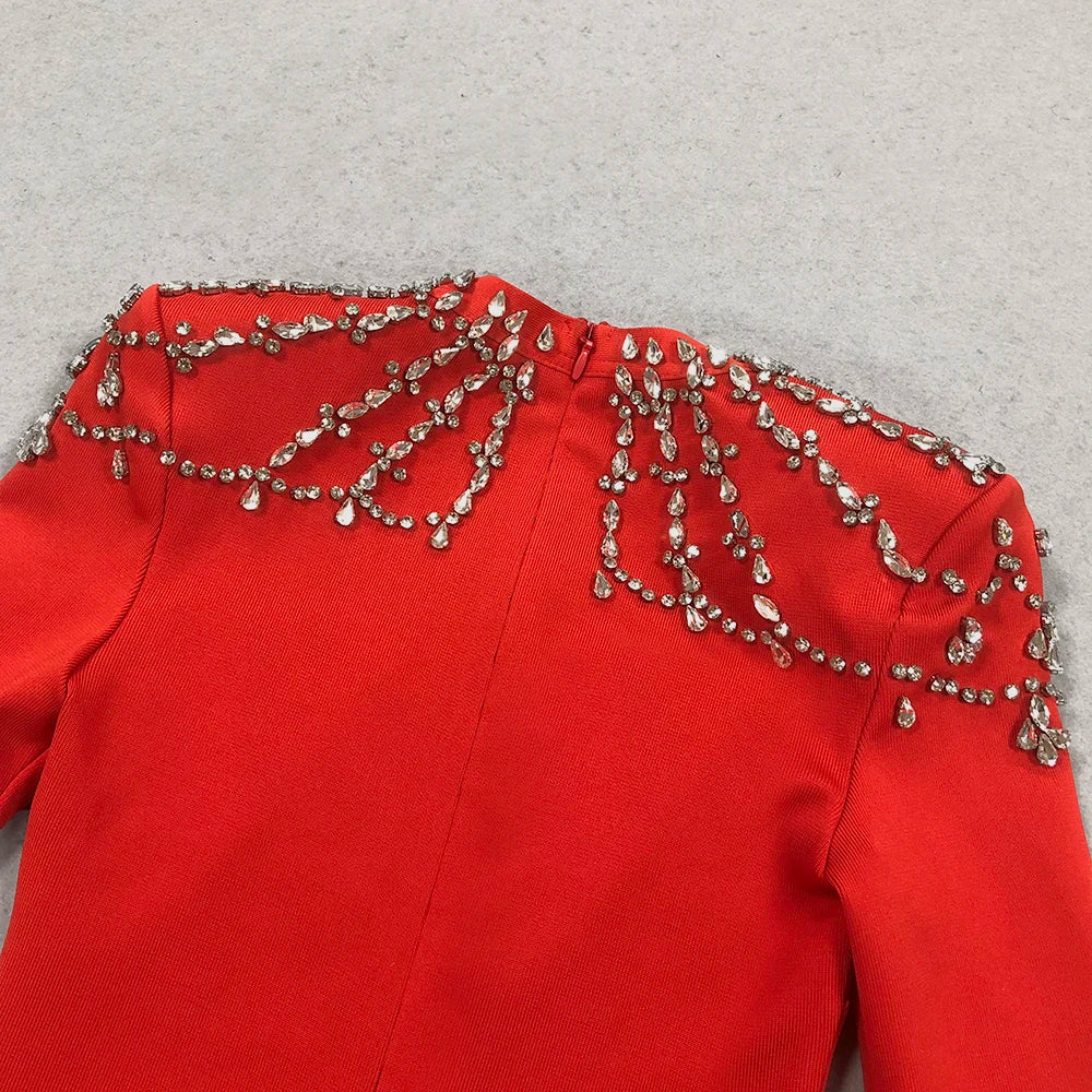 2024 Elegant Women Light Luxury Diamond Design Bandage Dress Square Neck Long Sleeve Bodycon Long Dress Christmas Party Vestidos