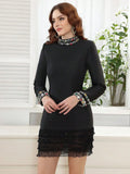 2025 Elegant Women's Mesh Patchwork Nail Bead Design Dress O-neck Long Sleeve Bodycon Mini Dress Cocktail Evening Party Vestidos