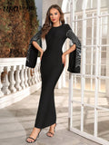 2025 Elegant Women's Black Long Bandage Dress O-neck Hot Diamond Split Long Sleeve Bodycon Dress Cocktail Evening Party Vestidos