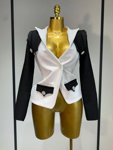 New Designer Fashion Black White Bandage Jacket Two Piece Set Women Slim Fit Diamond Button Suit Jackets Coat