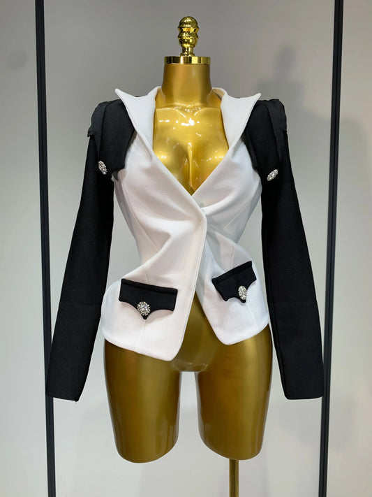 New Designer Fashion Black White Bandage Jacket Two Piece Set Women Slim Fit Diamond Button Suit Jackets Coat