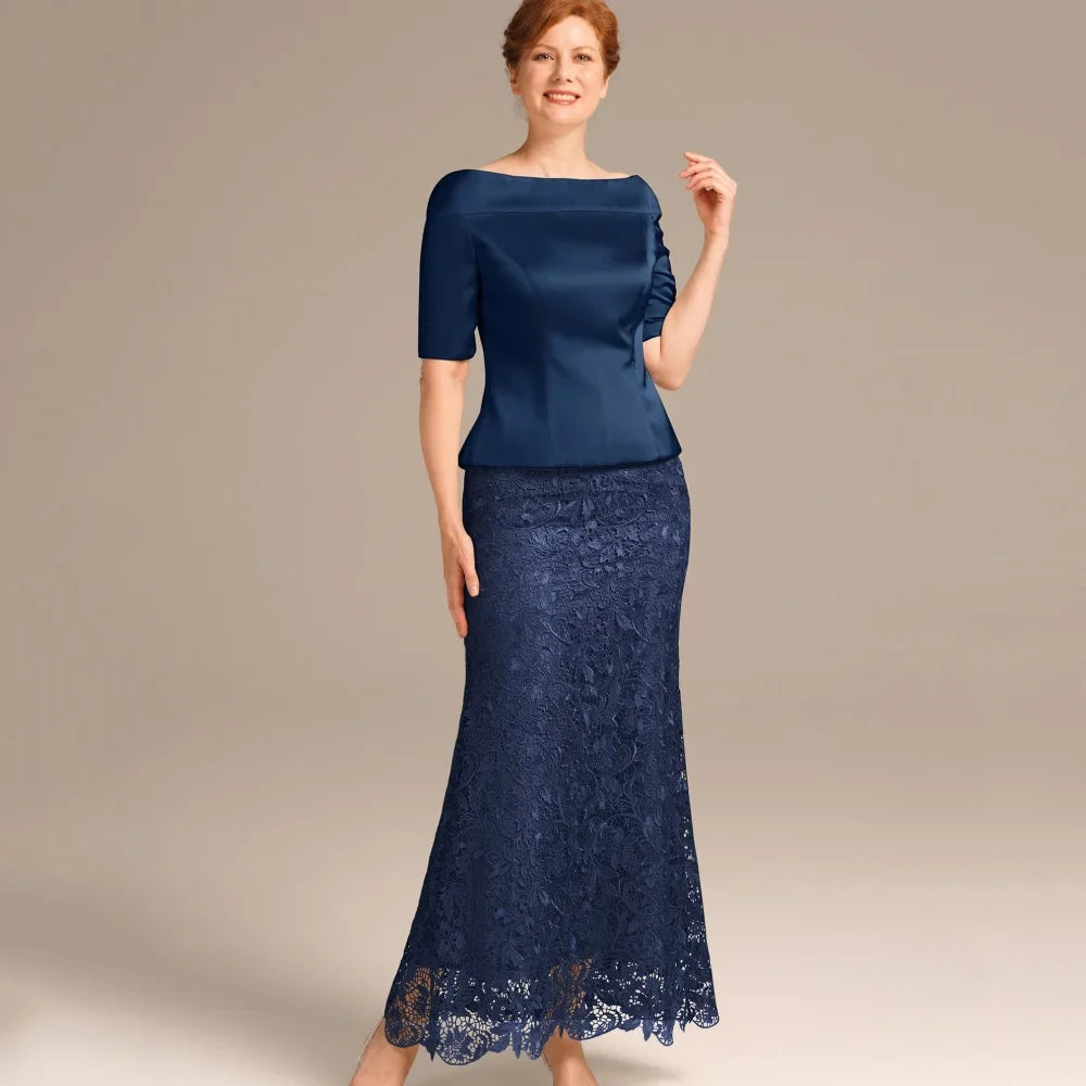 Elegant Customized Lace Mermaid Mother Dresses For Bride Wedding Party Gowns Short Sleeve Ankle Length Formal Occasion Dress picture color