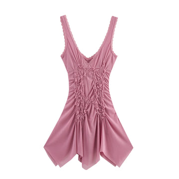 Summer New Women's Clothing Sweet And Fashionable Waist Cinched Lace Asymmetrical Pleated Suspender Dress