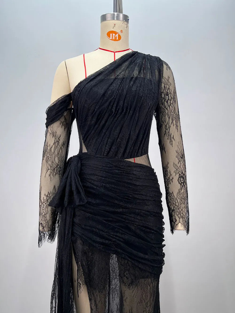 Women's Light Luxury Lace Maxi Dress Diagonal Collar Lace Long Sleeve Bodycon Draped Split Sexy Long Dresses Party Vestidos