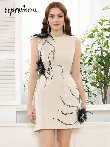 2025 Elegant Women's Sparkling 3D Flower Decorative Dress O-neck Sleeveless Bodycon Mini Dresses Cocktail Evening Party Vestidos