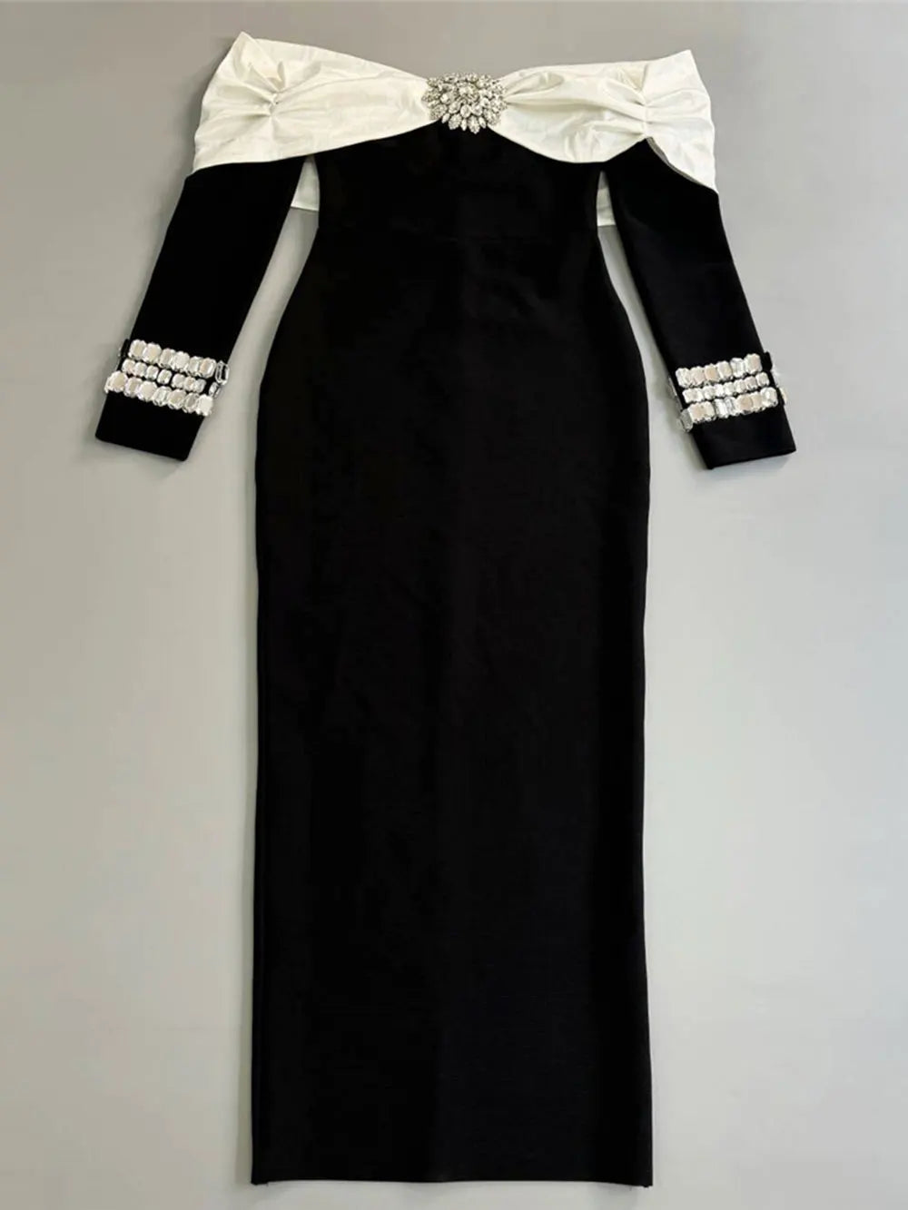 2024 Sexy Women's Light Luxury Patchwork Nail Diamond Design Bandage Dress One Collar Shoulder Long Sleeve Bodycon Long Dresses black