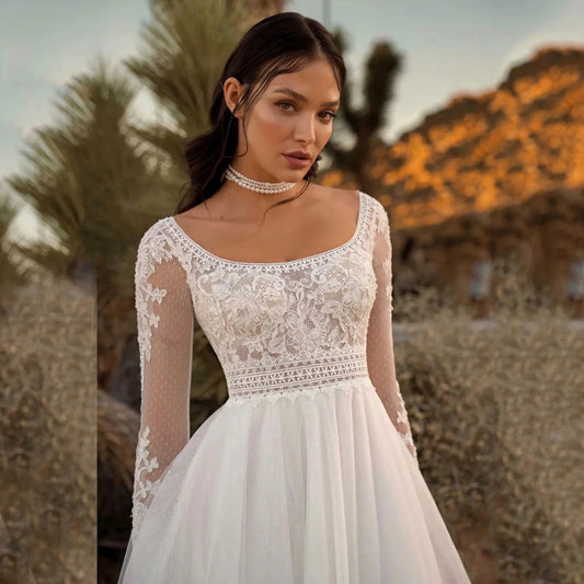 Elegant A-Line Wedding Dress Scoop Long Sleeves Lace Tulle Floor Length Boho Bridal Bride Gown Women vestidos de novia