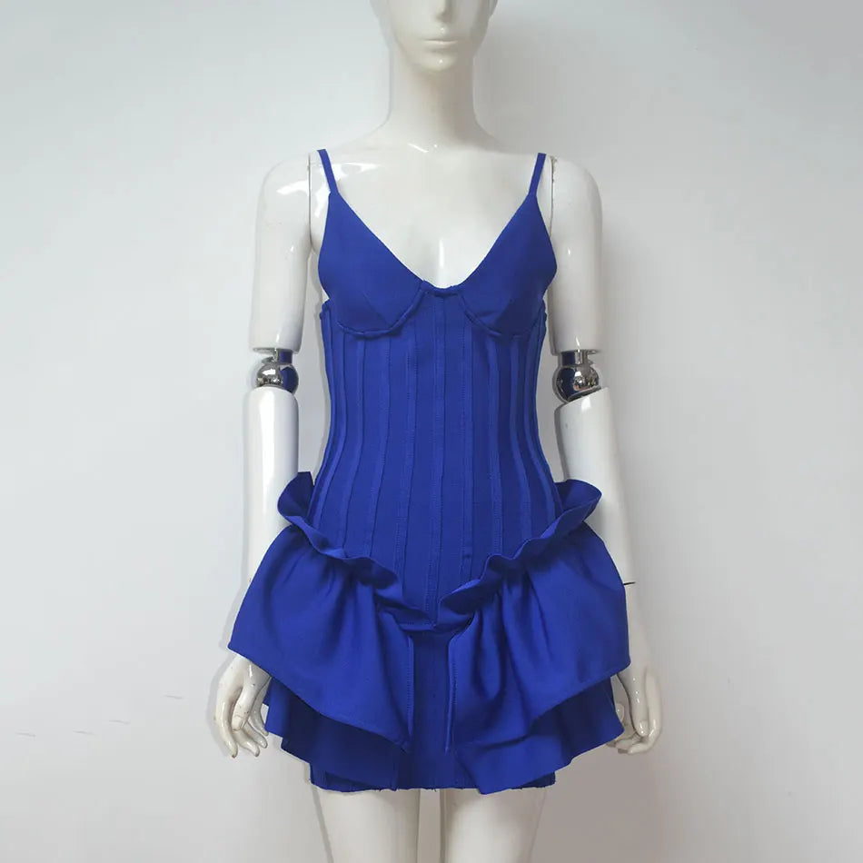 Free Shipping New Bandage Dress Women Spaghetti Strap V-Neck White Ruffles Night Club Sexy Celebrity Party Bodycon Mini Dresses Blue
