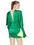 Women's Green Satin Dress Double Collar Bat Sleeve Glove Decoration Draped Loose Mini Dresses Cocktail Evening Party Vestidos
