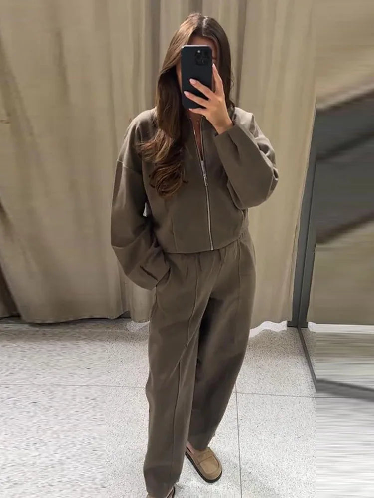 Long Sleeve Zipper Bomber Jacket Pants 2 Pcs Suits Women Elegant Lapel Loose Coats High Waist Trousers Casual Ladies Outfits New