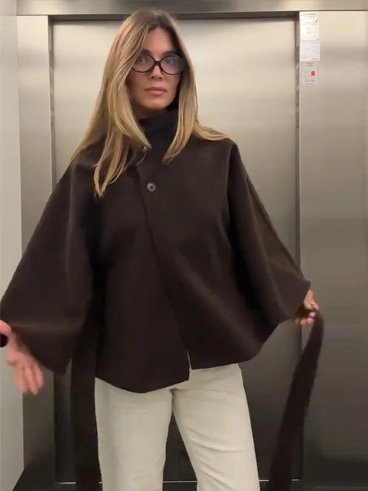 Stand Collar Cape Sleeves Lace Up Coats Women Vintage Long Sleeve Single Breasted Waist Cinching Jackets Chic Office Lady Jacket