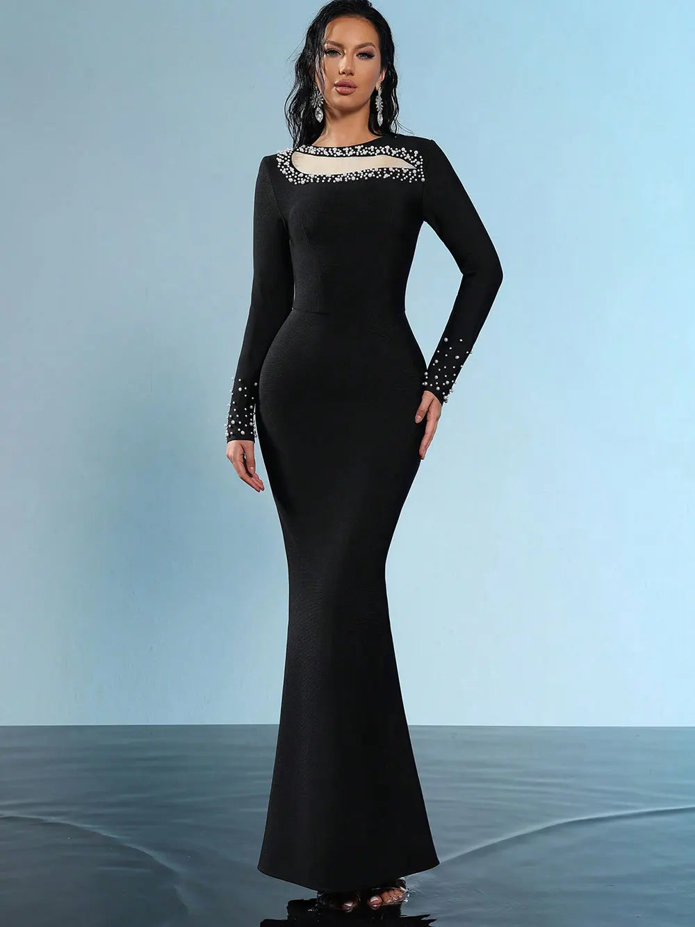 2025 Elegant Women's Nail Bead Patchwork Bandage Dress O-neck Long Sleeve Bodycon Black Long Dress Evening Club Party Vestidos