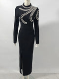 2024 Elegant Women's Light Luxury Diamond Design Bandage Dress with Stand Collar Long Sleeve Bodycon Split Length Dress Vestidos
