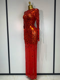 Sparkly Sequin Red Long Dress Luxury Birthday Celebrate Wedding Evening Prom Clothing Sexy Mesh See Through Strech Evening Gown