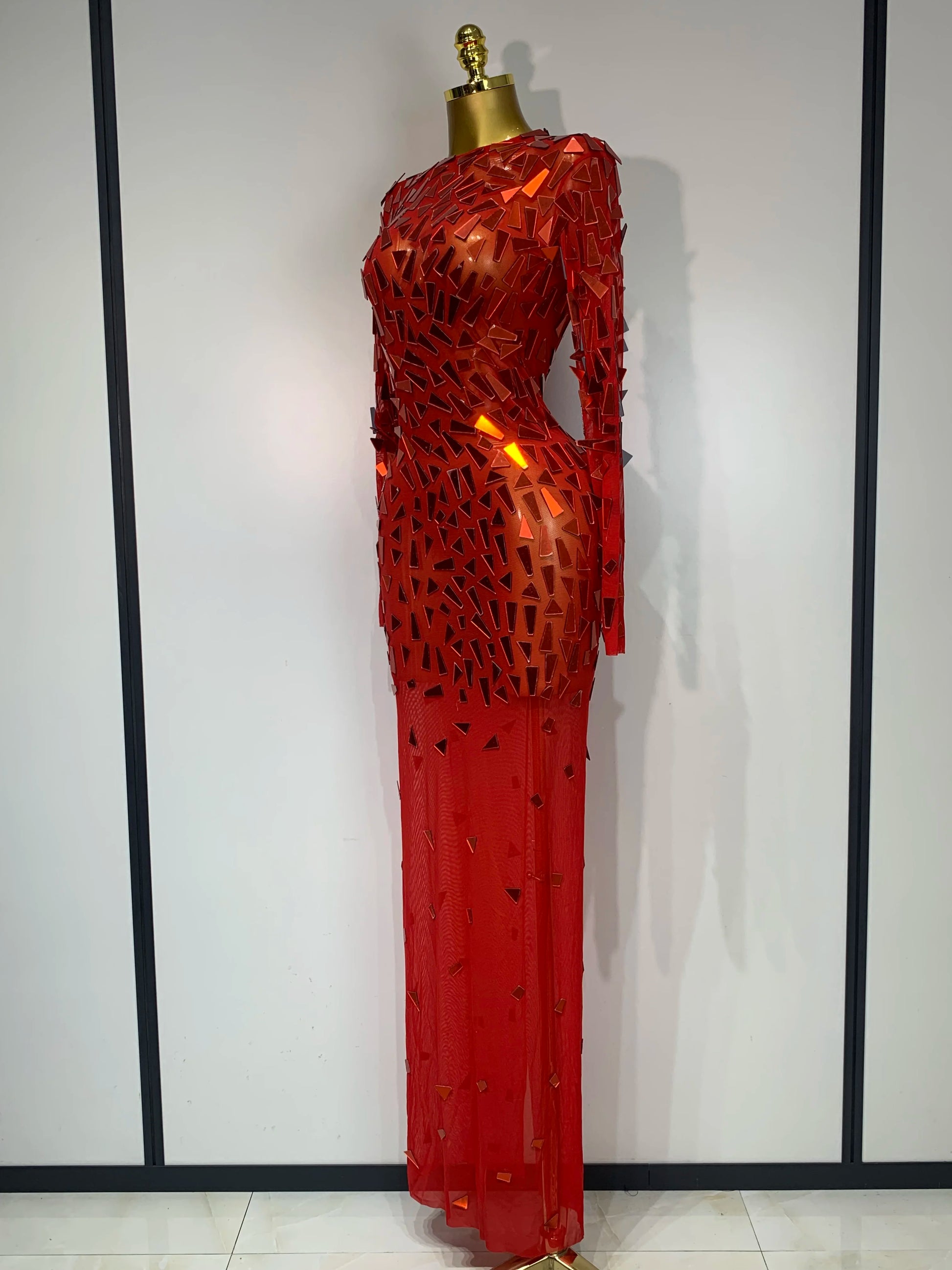 Sparkly Sequin Red Long Dress Luxury Birthday Celebrate Wedding Evening Prom Clothing Sexy Mesh See Through Strech Evening Gown