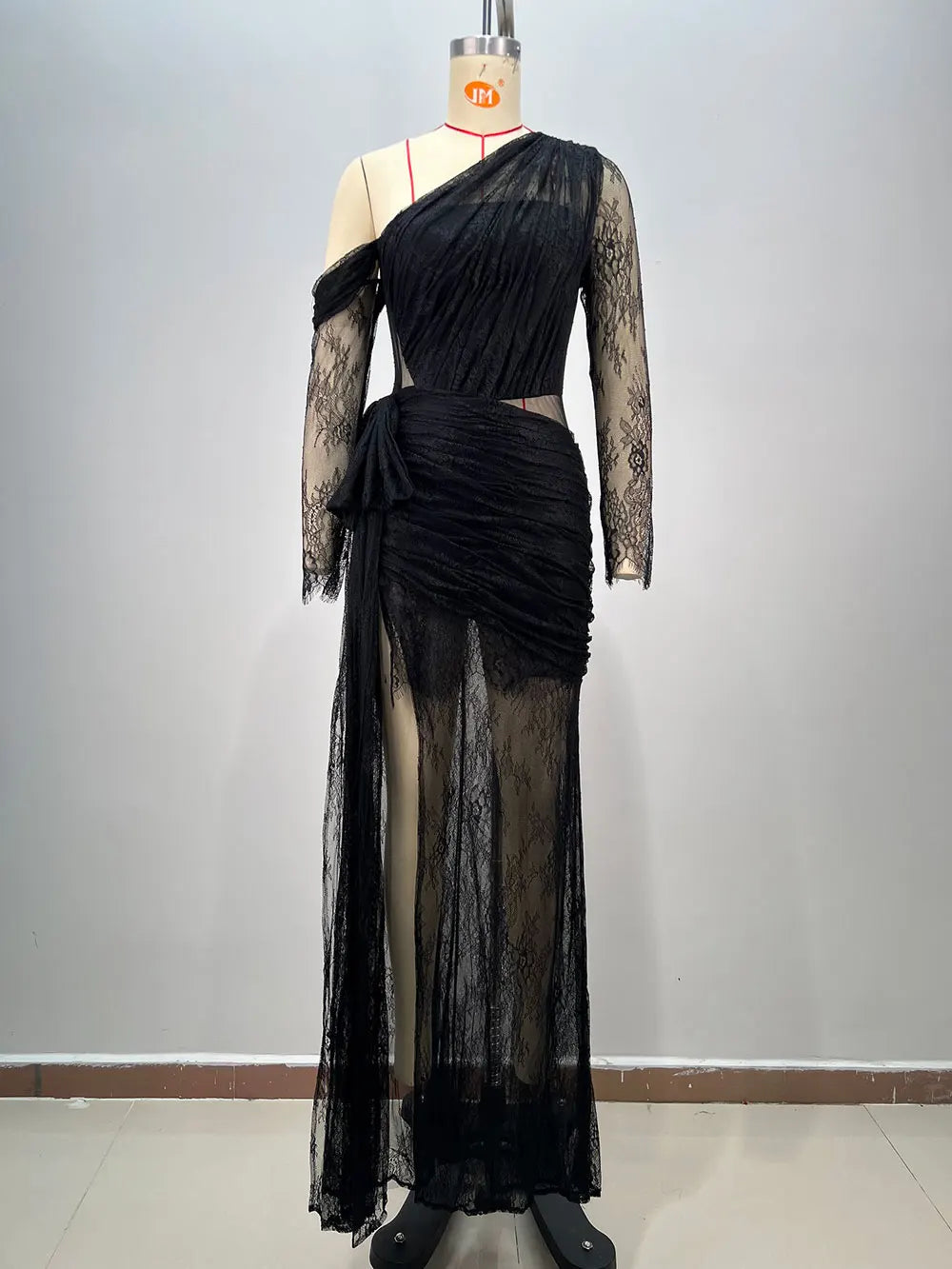 Women's Light Luxury Lace Maxi Dress Diagonal Collar Lace Long Sleeve Bodycon Draped Split Sexy Long Dresses Party Vestidos black