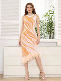 2025 Elegant Women's Feather Patchwork Design Dress O-neck Sleeveless Bodycon Color blocked Midi Dresses Evening Party Vestidos Orange