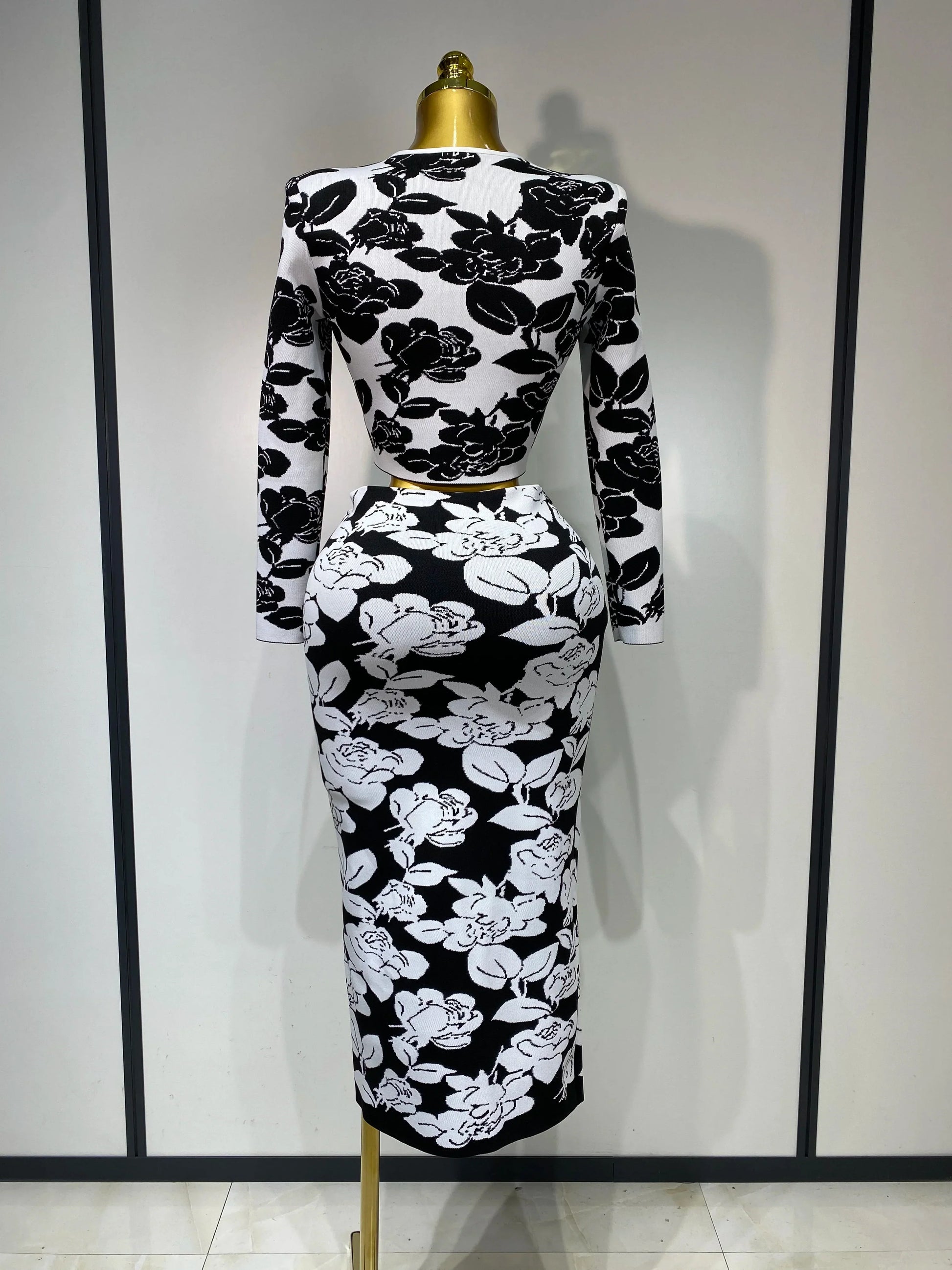 New Arrival Women Long Sleeve Jacquard Weave Two Pieces Set Celebrity Red Carpet Dress Birthday Bodycon Bandage Women's Set