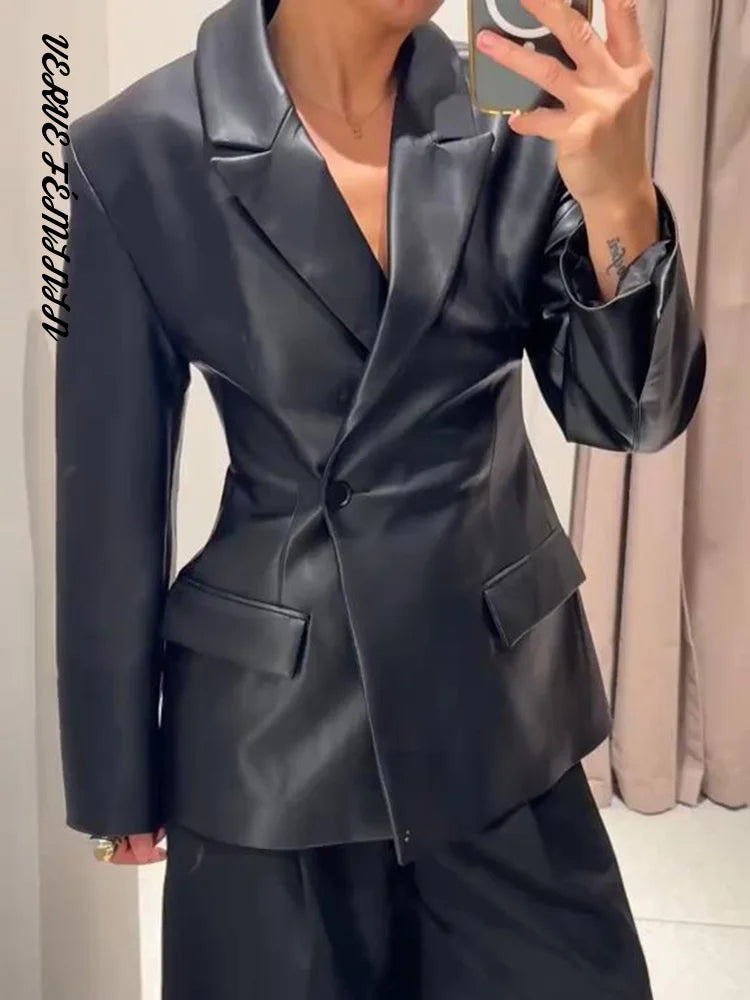 Women's Leather Jackets Lapel Waist Cinching Button Suit Jacket Autumn 2025 Female Full Sleeve Pocket Coats Chic LAdy Outerwears