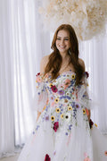 Flowers Lace Embroidery Tulle Fabric Prom Dress Detachable Train vestidos de fiesta Strapless A-line فستان حفلات الزفاف