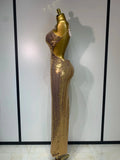 Luxury Sexy Backless Halter Gold Glitter Sequins Maxi Long Dress Elegant Sparkly Evening Party Club Dress Wedding Guest Gown