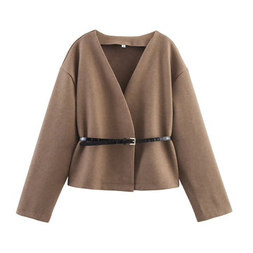 Autumn new women's clothing European and American style fashion with belt soft V-neck long sleeved jacket jacket