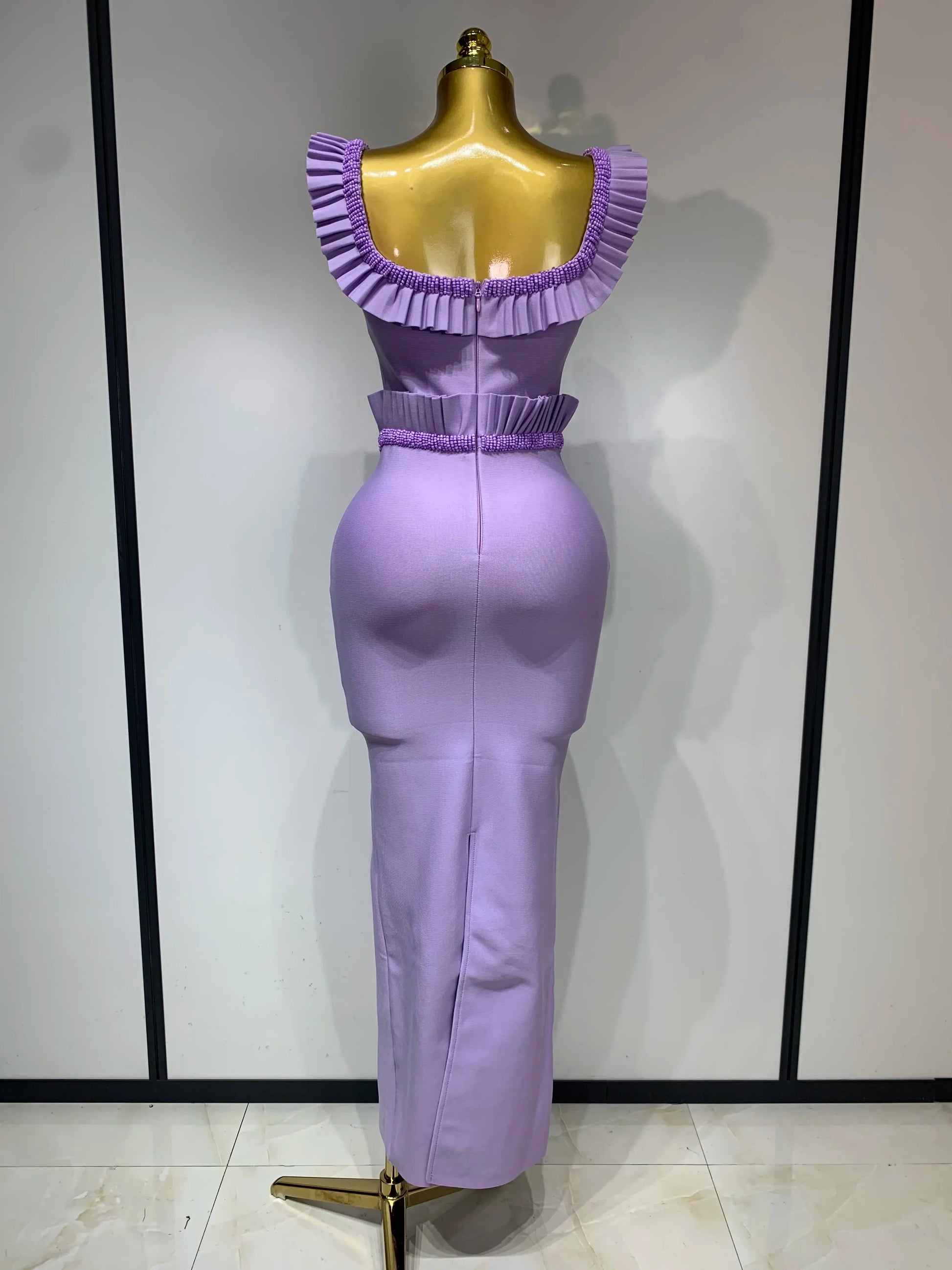 Women Sexy Square Collar Ruffles Beading Long Bodycon Bandage Dress Celebrity Elegant Evening Club Party Birthday Dress