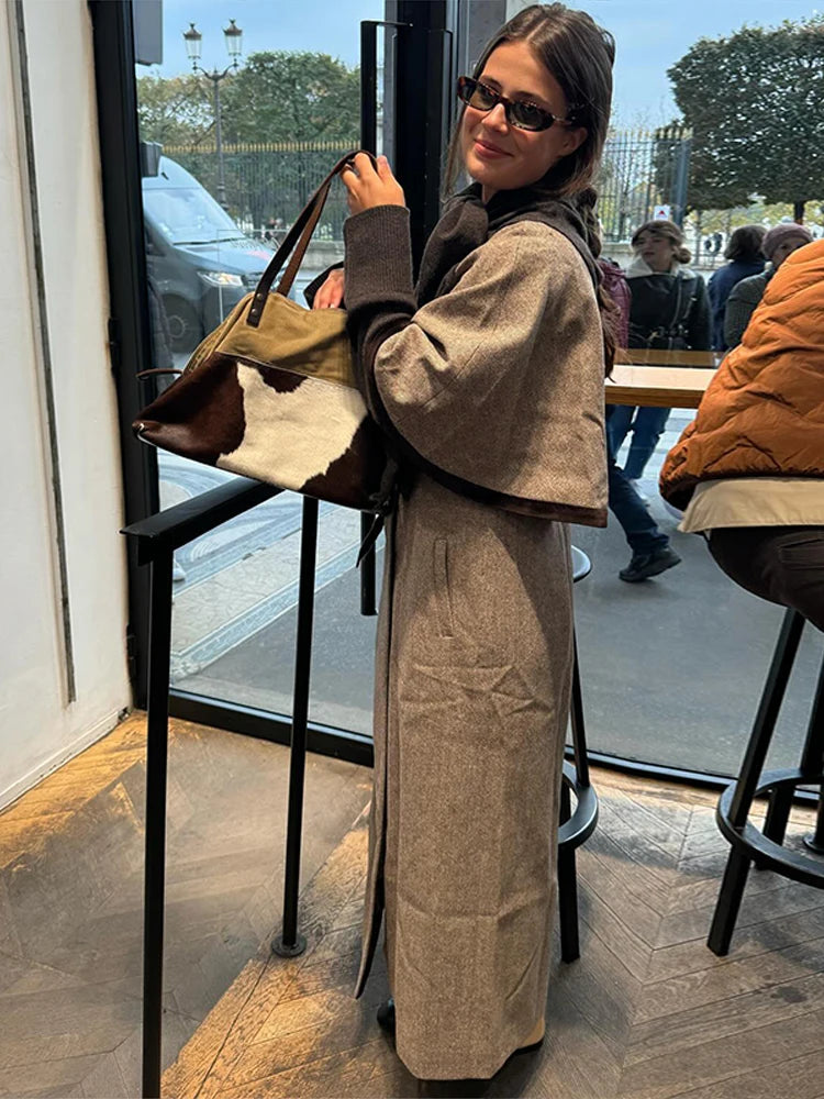 Unique Half Width Sleeve Lapel Long Overcoat Women Elegant Double Breasted Loose Coats New Autumn Fashion Office Lady Outerwears