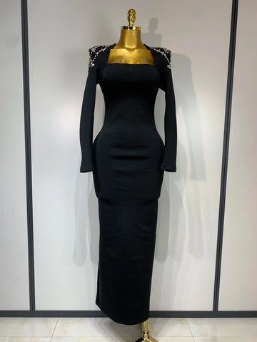 Luxury Birthday Dresses Diamond Tight Long Sleeve Square Neck Long Bandage Dress Women Wedding Evening Formal Gowns black