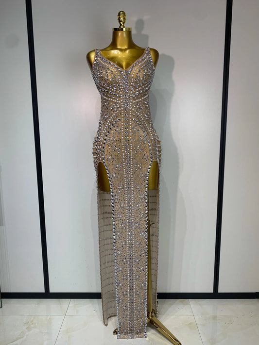 Women Sexy Sparkly Diamonds High Split Maxi Dresss Mesh See Through V Neck Performance Singer Costume Luxury Birthday Vestido Khaki