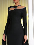 2025 Sexy Women's Light Luxury Hot Diamond Hollow Design Bandage Dress O-Neck Long Sleeve Bodycon Long Dress Club Party Vestidos