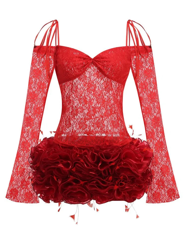 New Summer Women Sexy Lace Off the Shoulder Full Florlas Bodycon Mini Dress Nightclub Party Celebrate Bar Singer Wear