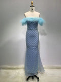 2024 Sexy Women's Light Luxury Blue Sparkle Maxi Dress with One Collar Feather Design Shoulder Buckle Bodycon Long Dress Vestido SKY BLUE