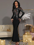 2025 Sexy Women'S Light Luxury Rhinestone Mesh Patchwork Bandage Dress O-Neck Long Sleeved Bodycon Evening Club Party Long Dress black